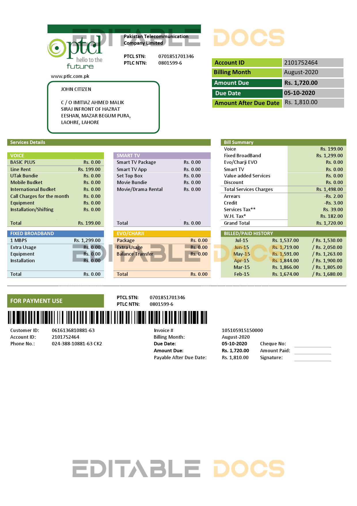 Pakistan PTCL utility bill template in Word and PDF format