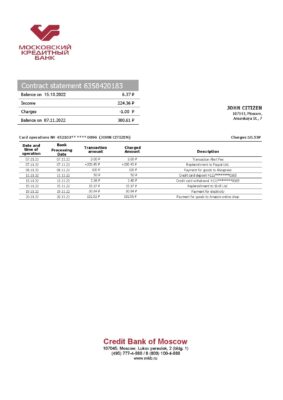 Russia Credit Bank of Moscow bank proof of address statement template in Word and PDF format