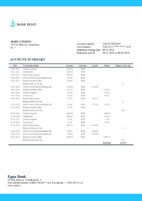 Russia Zenit Bank bank proof of address statement template in Word and PDF format
