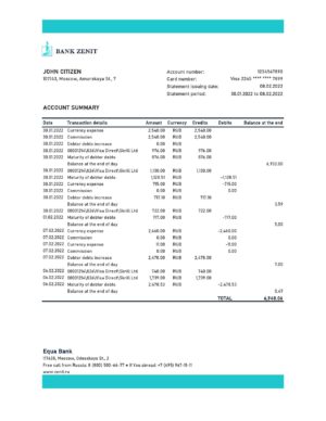 Russia Zenit bank statement, Excel and PDF template