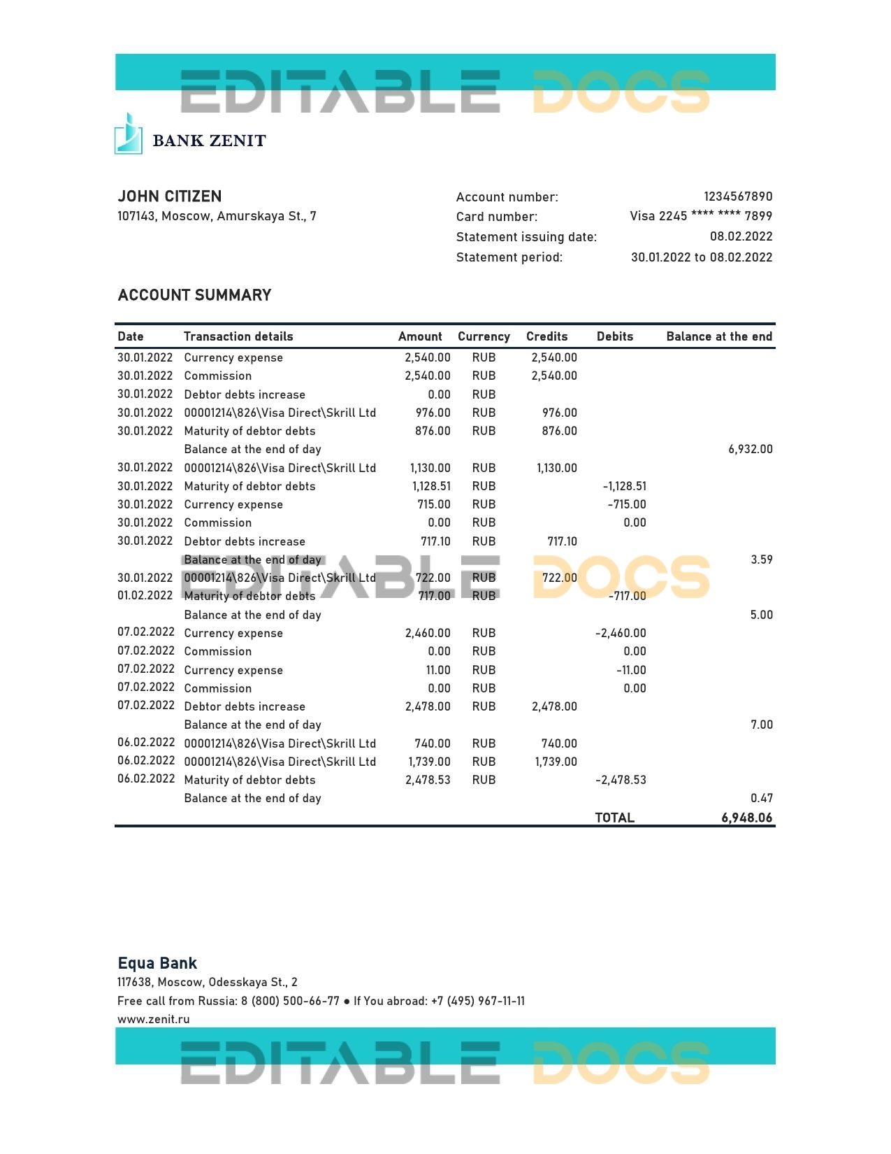 Russia Zenit bank statement, Excel and PDF template