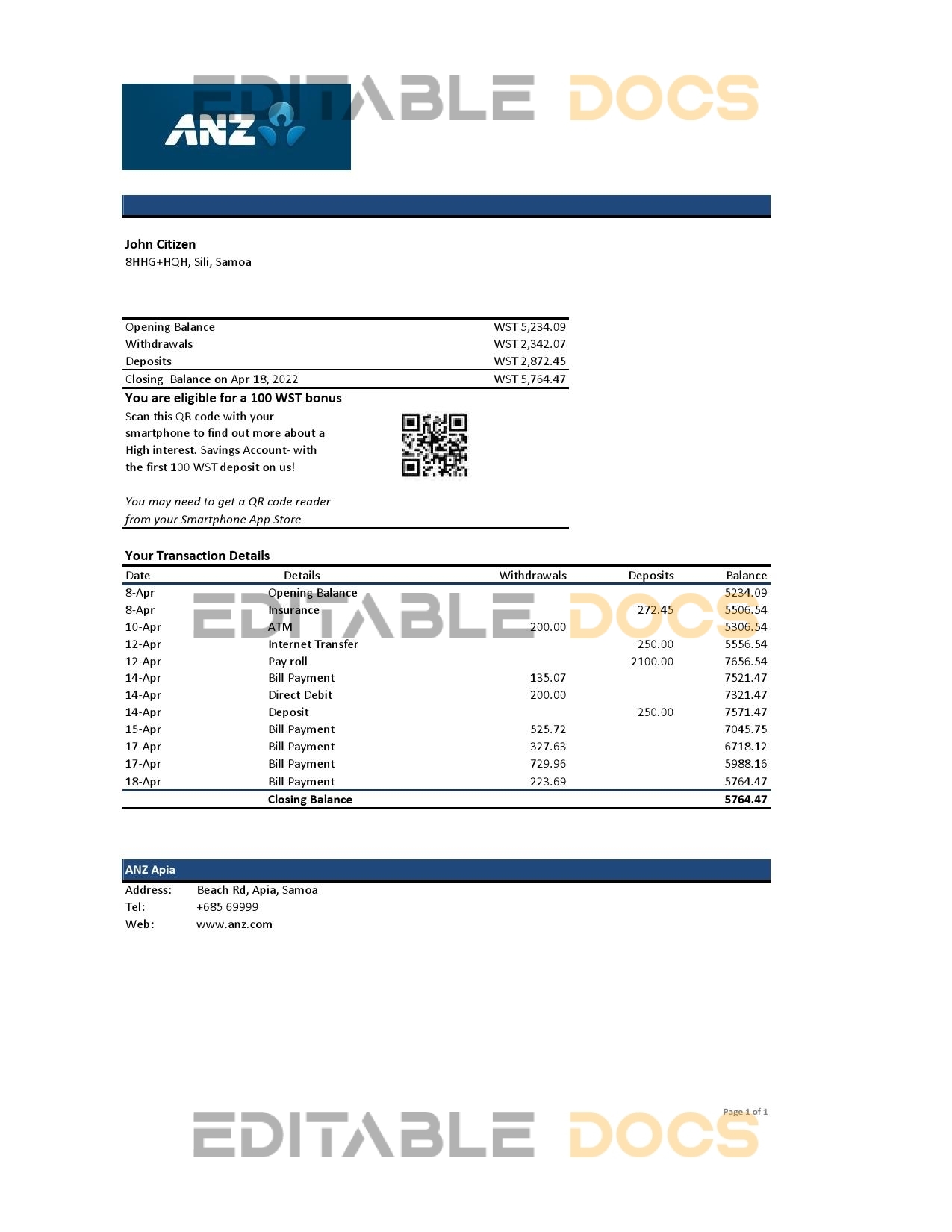 Samoa ANZ bank statement, Excel and PDF template