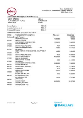 South Africa ABSA bank statement easy to fill template in Excel and PDF format (9 pages) 1