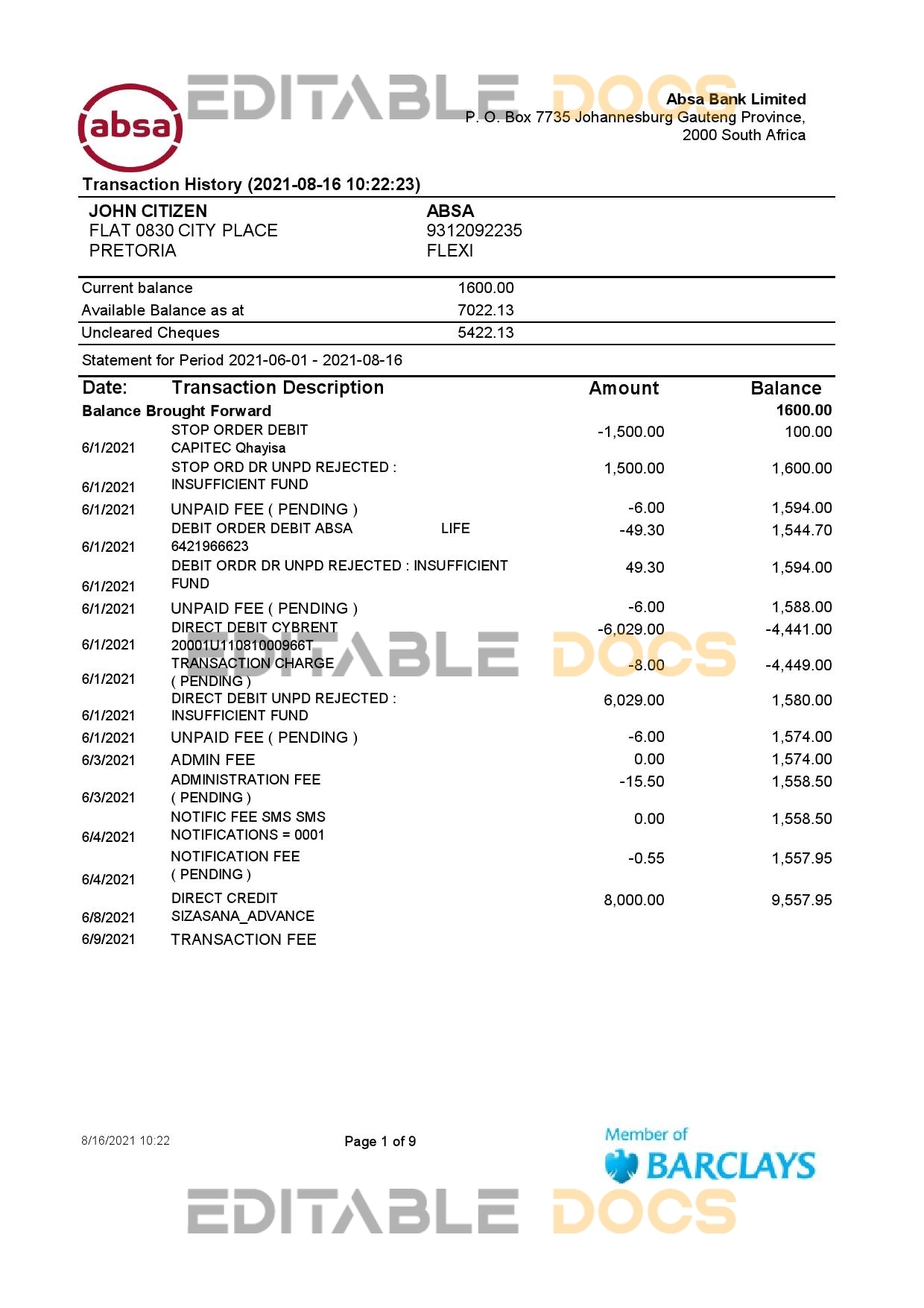 South Africa ABSA bank statement easy to fill template in Excel and PDF format (9 pages)