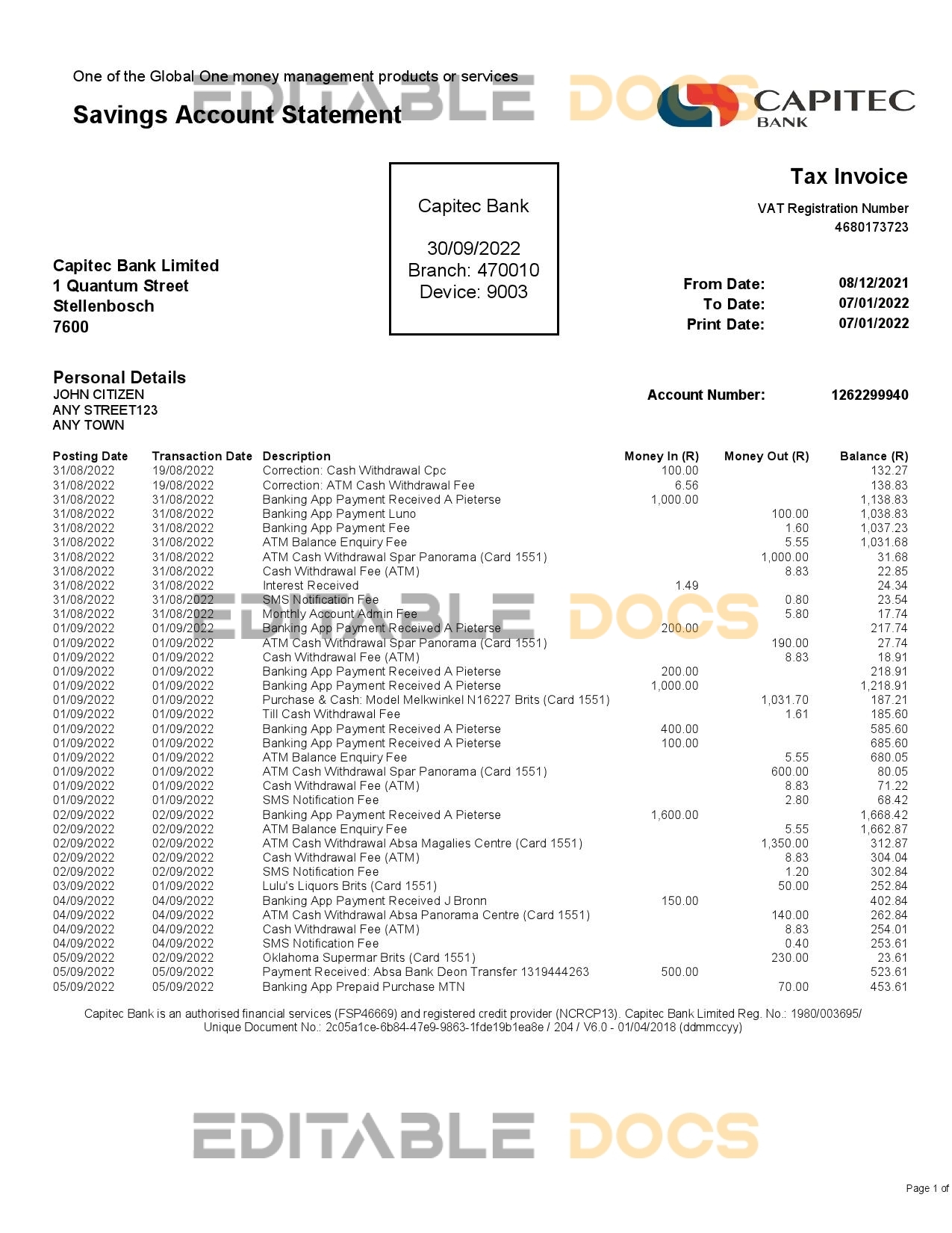 South Africa Capitec bank savings account statement template in Word and PDF format