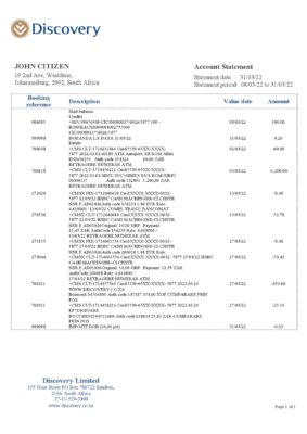 South Africa Discovery bank statement template in Word and PDF format