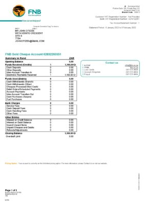 South Africa First National Bank FNB bank statement Word and PDF template 2 pages 1
