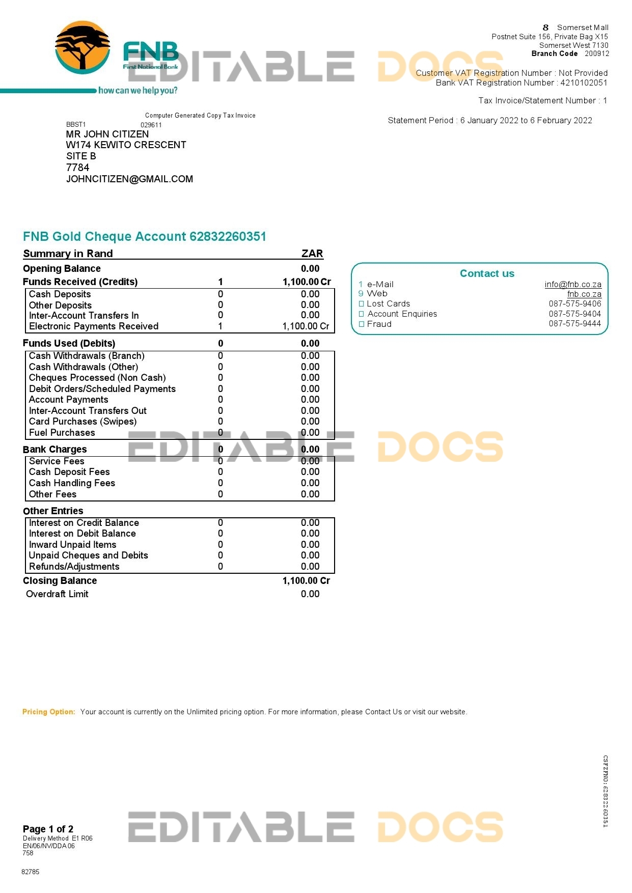 South Africa First National Bank (FNB) bank statement, Word and PDF template, 2 pages