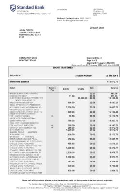 South Africa Standard bank statement, Word and PDF template, 6 pages 1