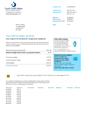 United Kingdom South Staffs Water utility bill template in Word and PDF format, 2 pages