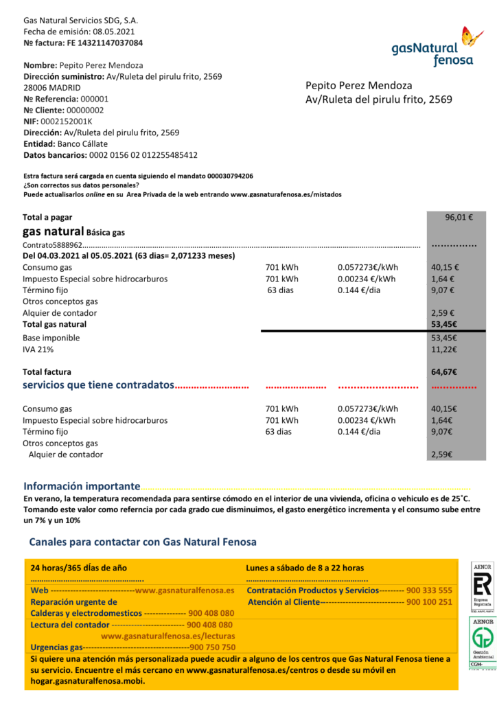 Spain gasNatural fenosa utility bill template in Word and PDF format