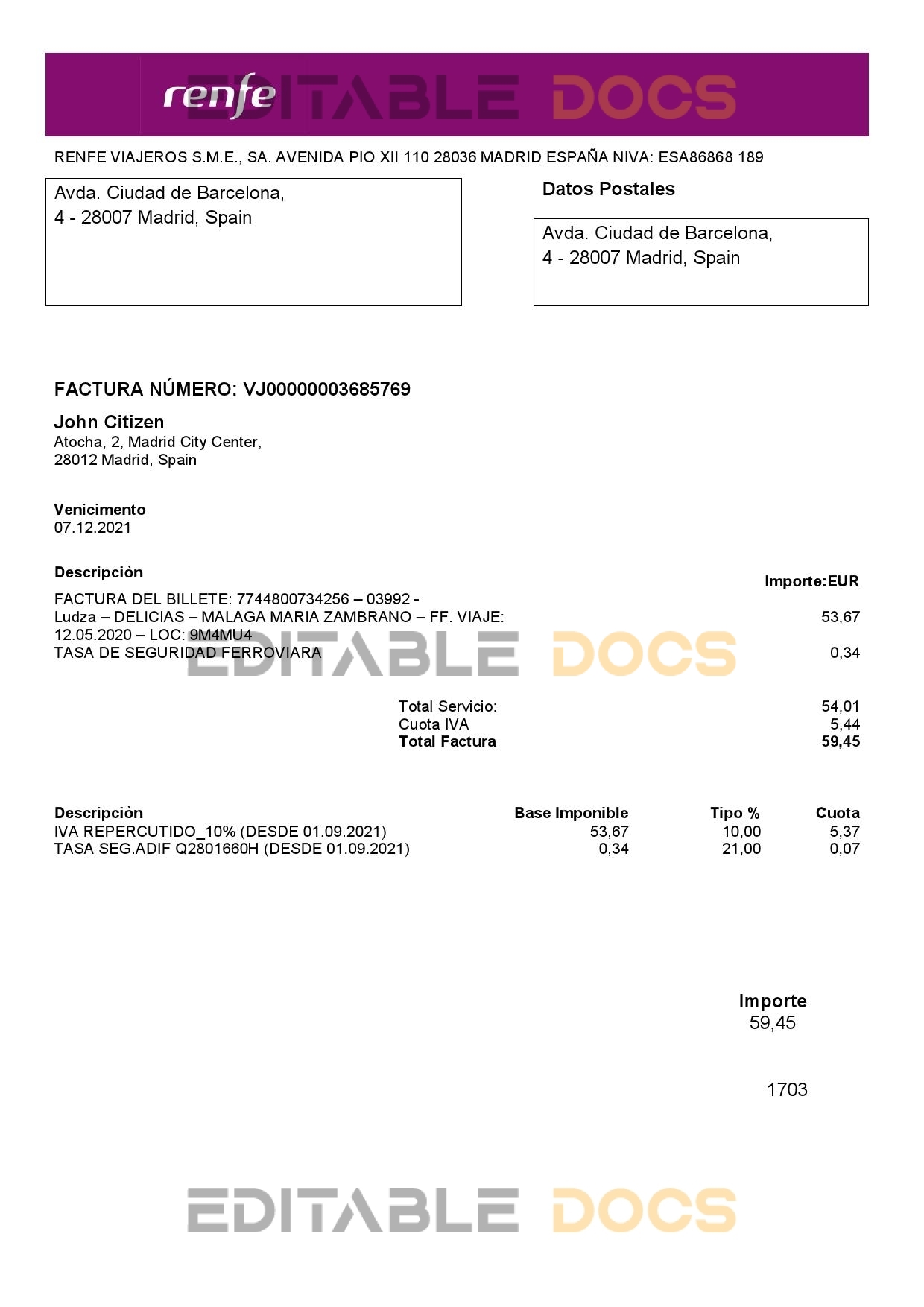 Spain Renfe utility bill template in Word and PDF format