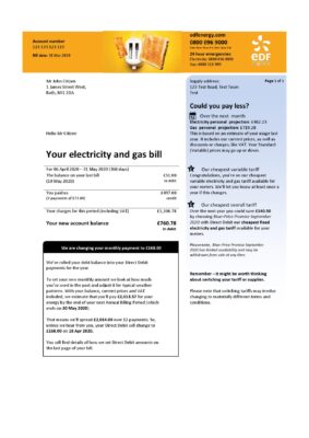 United Kingdom EDF utility bill template in Word and PDF format (3 pages)