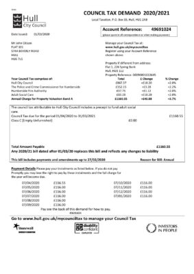 United Kingdom Hull City Council utility bill template in Word and PDF format, 2 pages