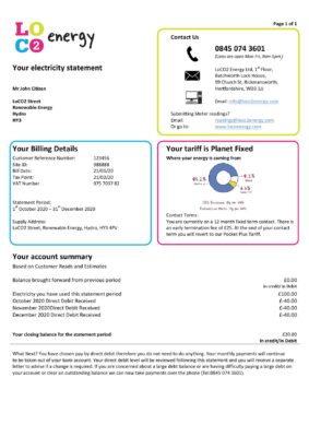 United Kingdom LoCO2 Energy utility bill template in Word and PDF format