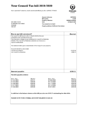 United Kingdom Oldham council tax bill template in Word and PDF format