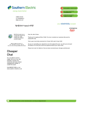 United Kingdom Southern Electric proof of address utility bill template in Word and PDF format