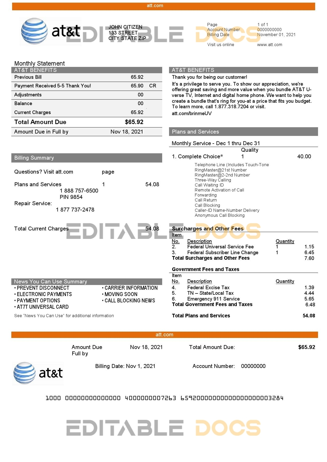 USA Texas AT&T telecommunications utility bill template in Word and PDF format
