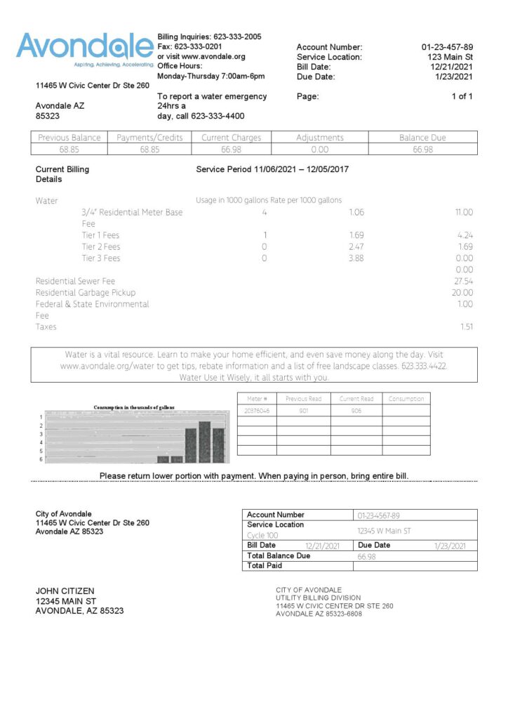 USA Arizona The City of Avondale Water utility bill template in Word and PDF format