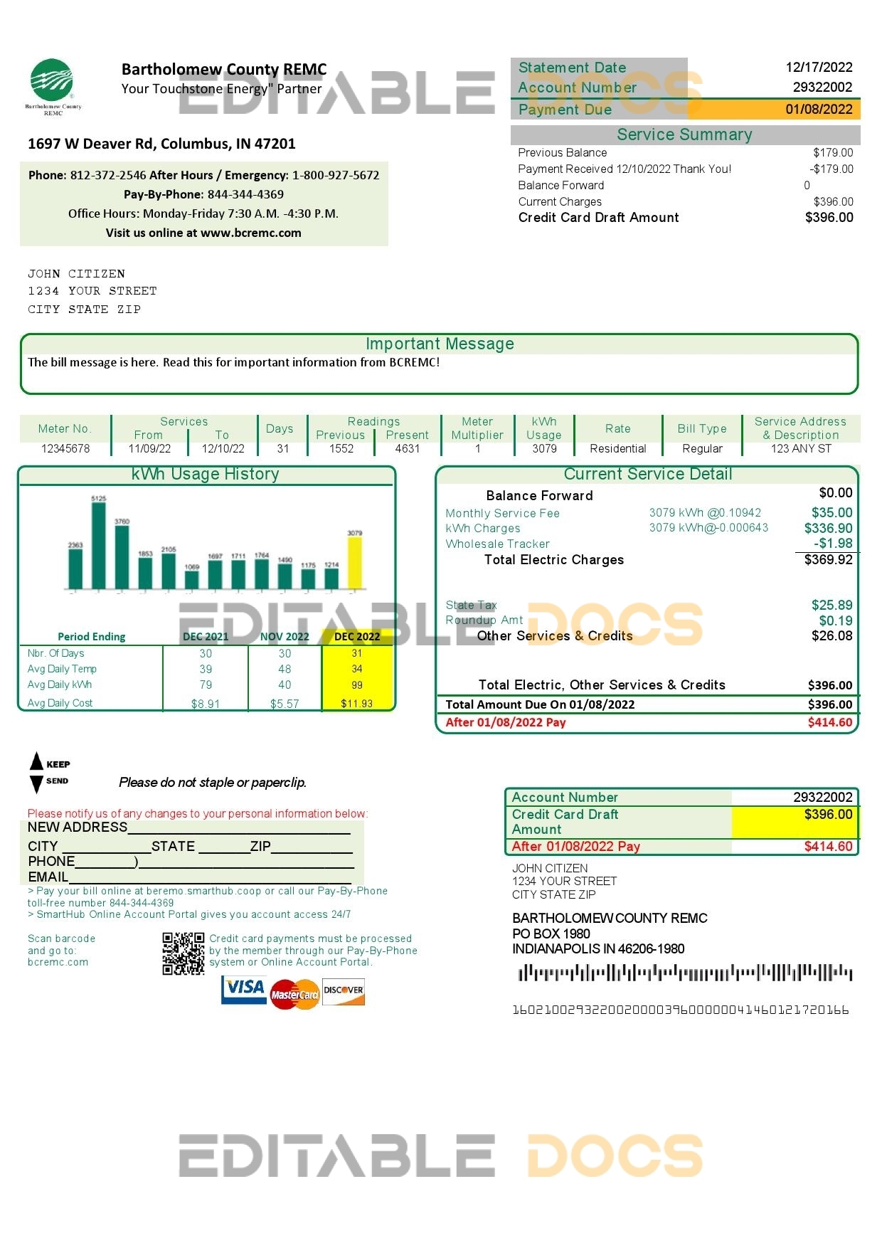 USA Indiana Bartholomew County REMC utility bill template in Word and PDF format