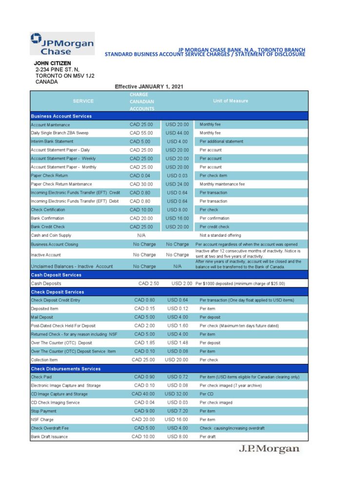 USA JP Morgan Chase bank statement template in .xls and .pdf file format