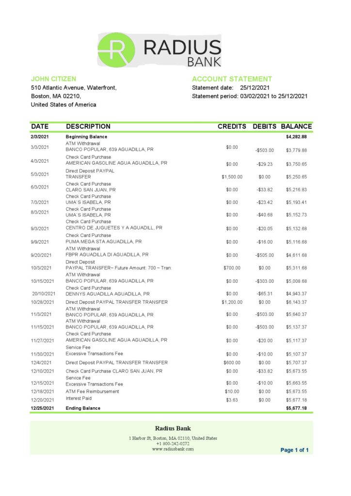 USA Massachusetts Radius Bank statement easy to fill template in Excel and PDF format
