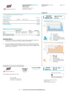 USA California San Diego Gas & Electric (SDG&E) utility bill template in Word and PDF format