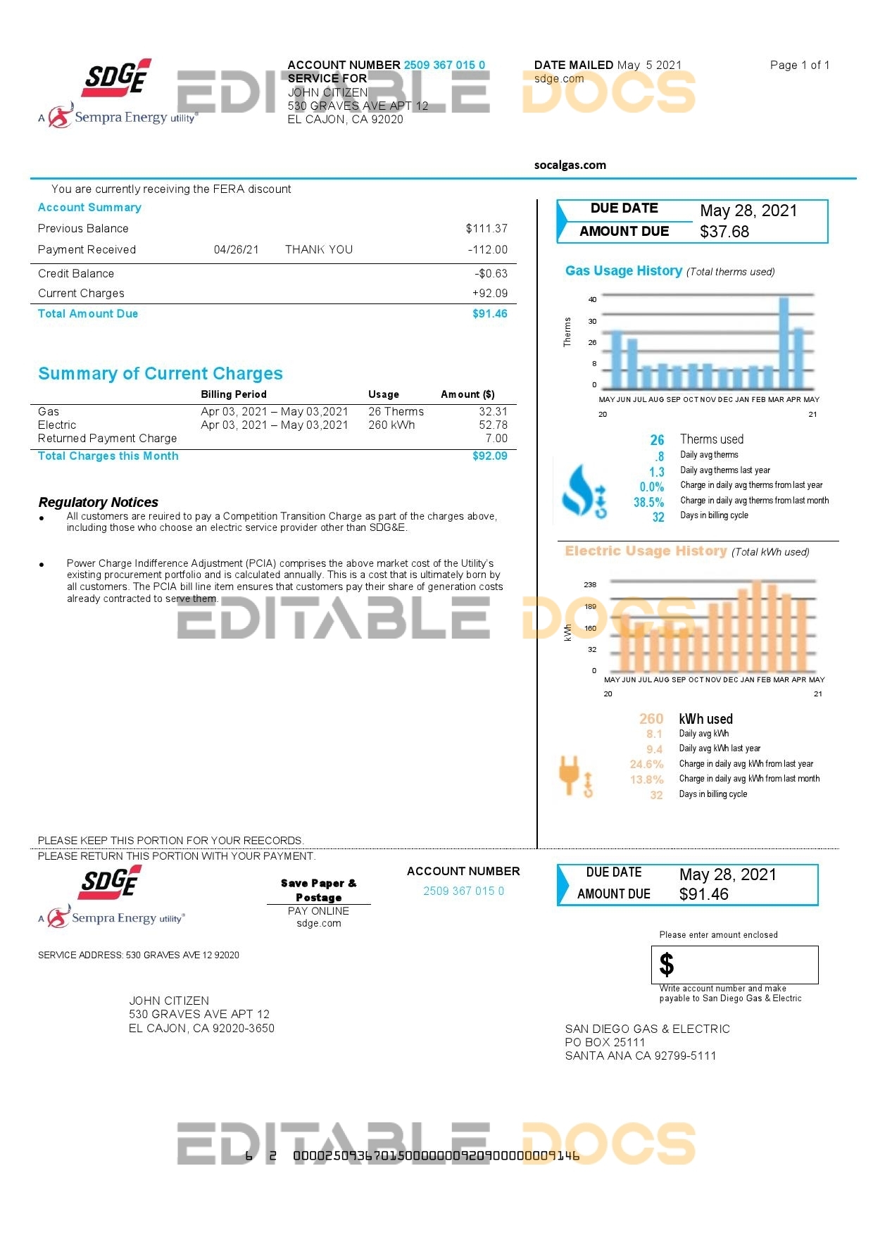 USA California San Diego Gas & Electric (SDG&E) utility bill template in Word and PDF format