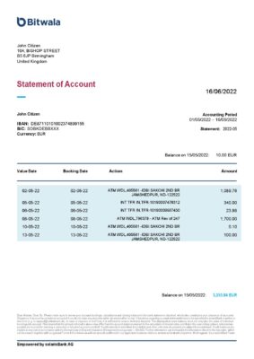 United Kingdom Bitwala bank statement, Word and PDF template