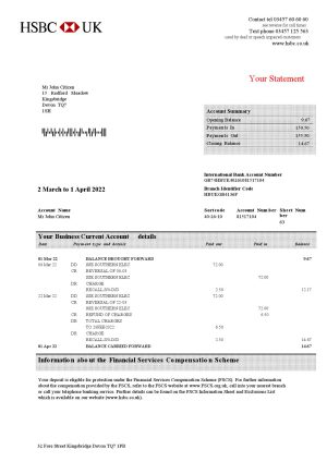 United Kingdom HSBC bank business account statement Word and PDF template 3 pages 1