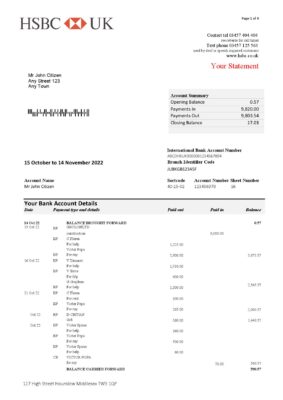 United Kingdom HSBC bank statement Word and PDF template 5 pages 1