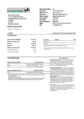 United Kingdom Lloyds bank statement template in Excel and PDF format (2 pages)