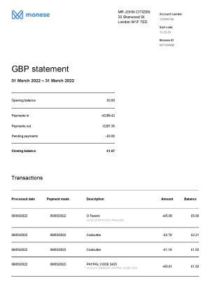 United Kingdom Monese bank statement Word and PDF template 3 pages 1