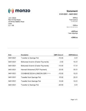 United Kingdom Monzo bank statement template in Word and PDF format (3 pages), good for address prove