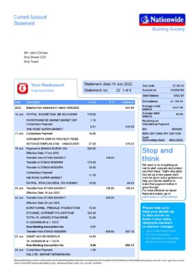 United Kingdom Nationwide bank statement, Word and PDF template, 5 pages, version 2 1