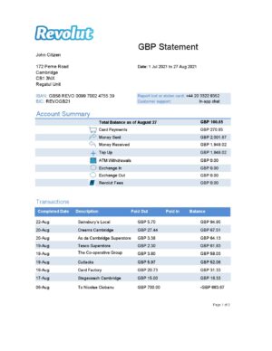 United Kingdom Revolut Bank statement easy to fill template in Excel and PDF format 3 pages 1