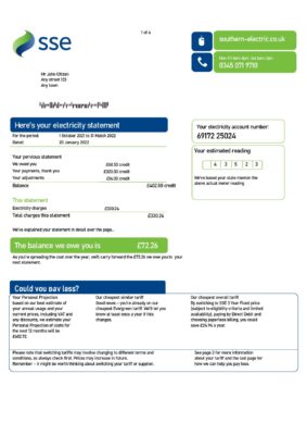 United Kingdom SSE Energy utility bill, Word and PDF template, 4 pages