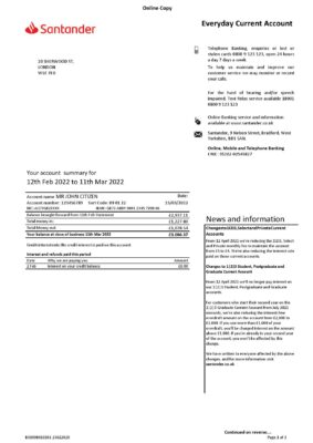 United Kingdom Santander bank statement Word and PDF template, 3 pages, version 1 1
