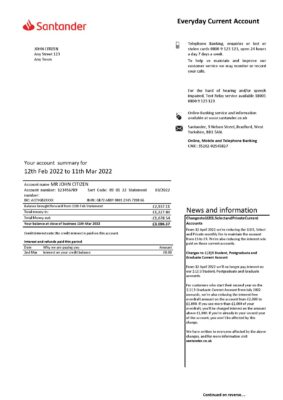 United Kingdom Santander bank statement Word and PDF template 3 pages version 2 1