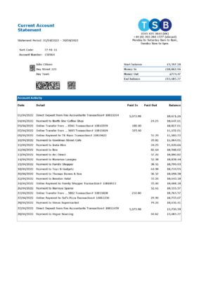 United Kingdom TSB bank statement, Excel and PDF template