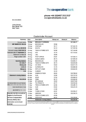 United Kingdom The Co-operative bank statement in Excel and PDF format