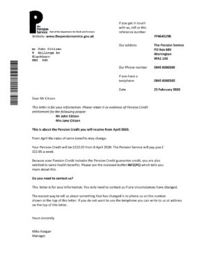 United Kingdom The Pension Service bank proof of address statement template in Word and PDF format