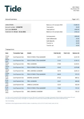 United Kingdom Tide bank statement, Word and PDF template