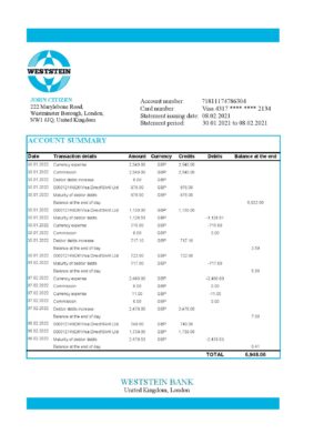 United Kingdom WestStein Bank statement template in Excel and PDF format