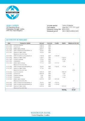 United Kingdom WestStein Bank statement template in Word and PDF format
