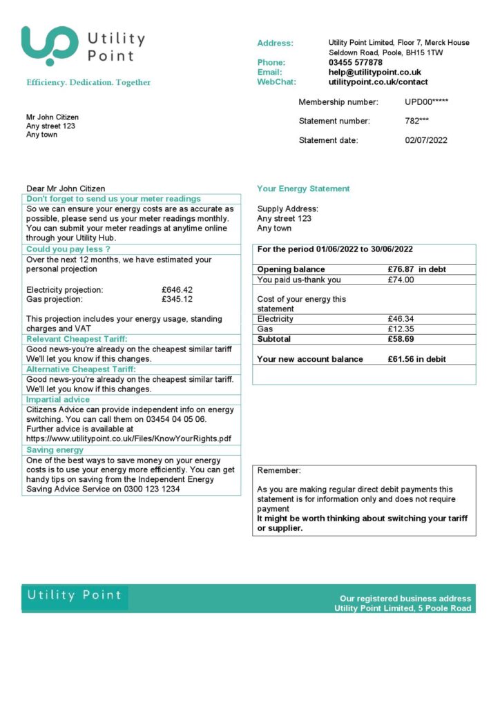 United Kingdom Utility Point utility bill template in Word and PDF format
