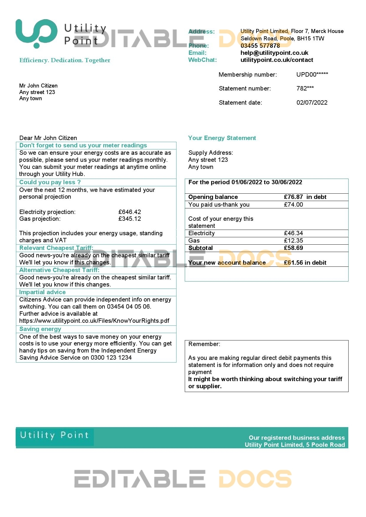 United Kingdom Utility Point utility bill template in Word and PDF format
