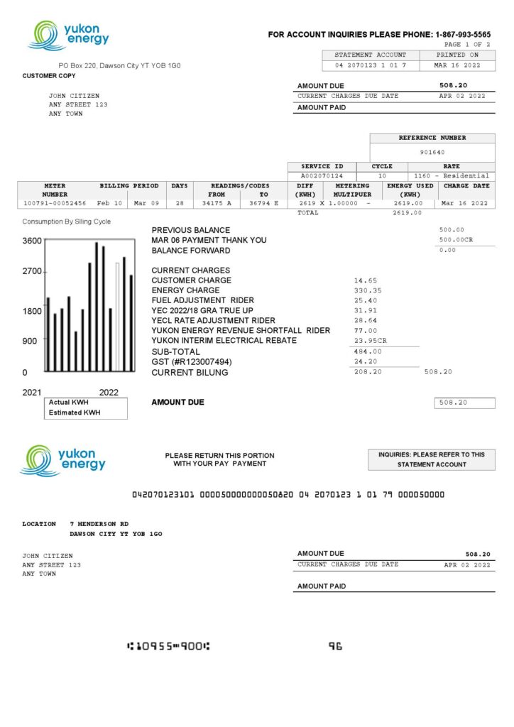Canada Yukon Energy utility bill template in Word and PDF format