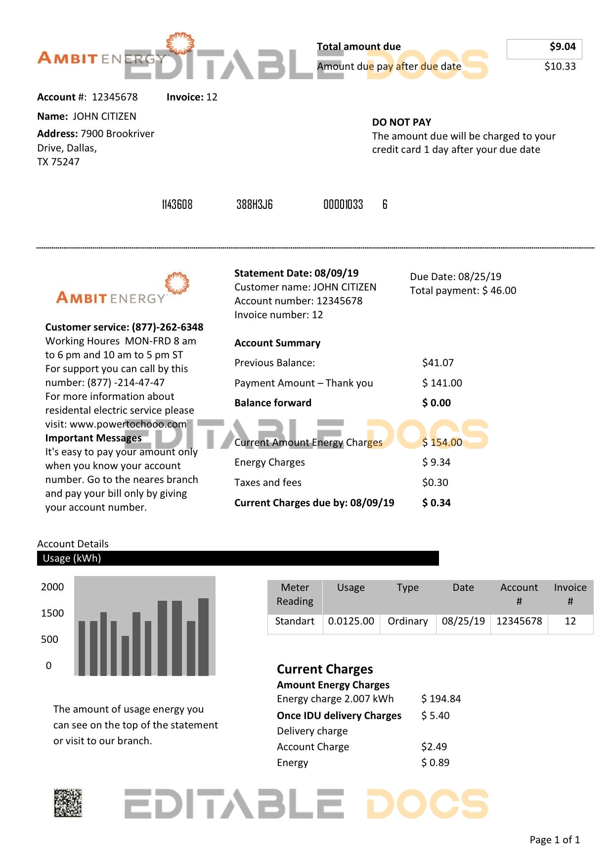 USA Texas Ambit Energy utility bill template in Word and PDF format