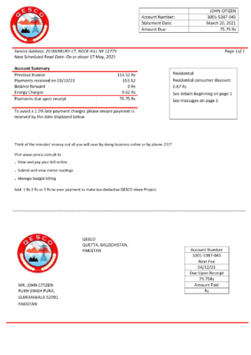Pakistan Quetta Electric Supply Company electricity utility bill template in Word and PDF format
